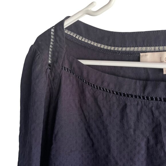 LOFT Navy Blue Jacquard Cutout Peplum Blouse - Size Small - Picture 7 of 7